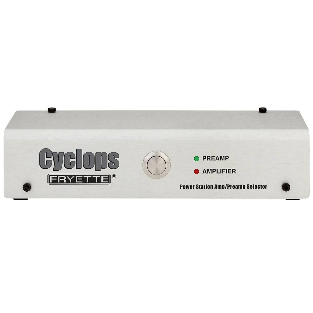 Silver metal box with a button and LED indicators labeled Preamp and Amplifier, branded Cyclops by Fryette.