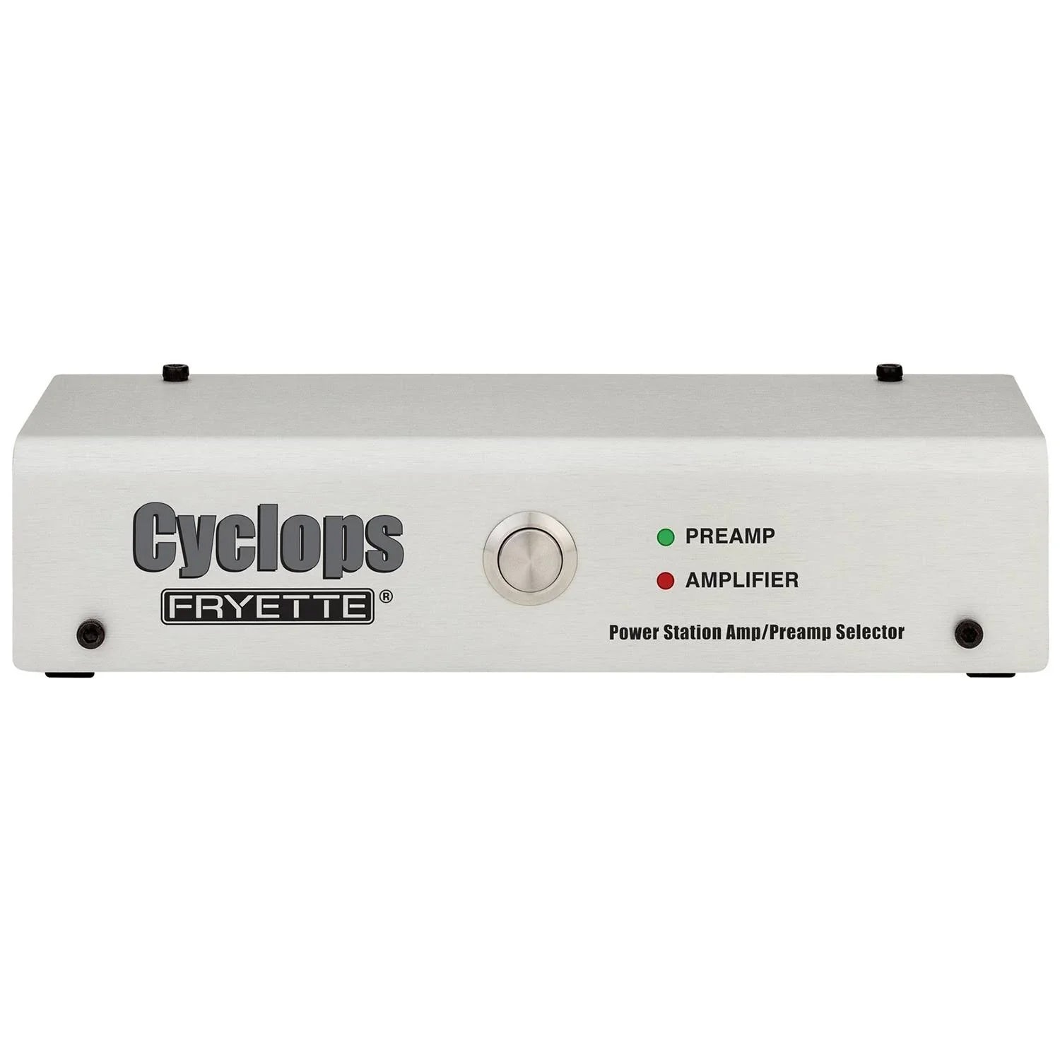 Silver metal box with a button and LED indicators labeled Preamp and Amplifier, branded Cyclops by Fryette.