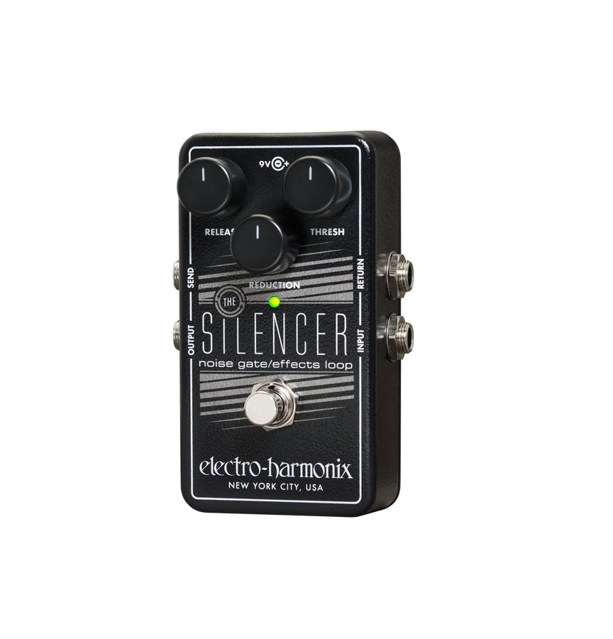 Black Electro-Harmonix guitar pedal with three control knobs, four 1/4 inch jacks, footswitch, and green LED indicator.