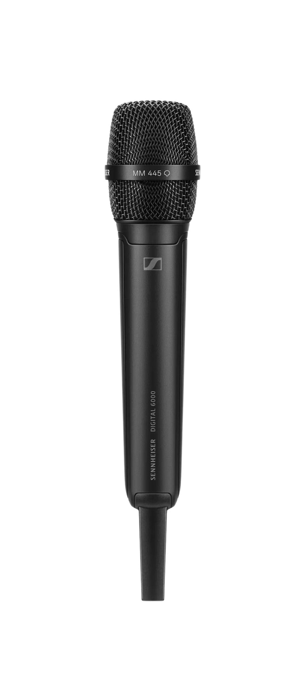 Black handheld wired microphone with metal grille and Sennheiser branding.
