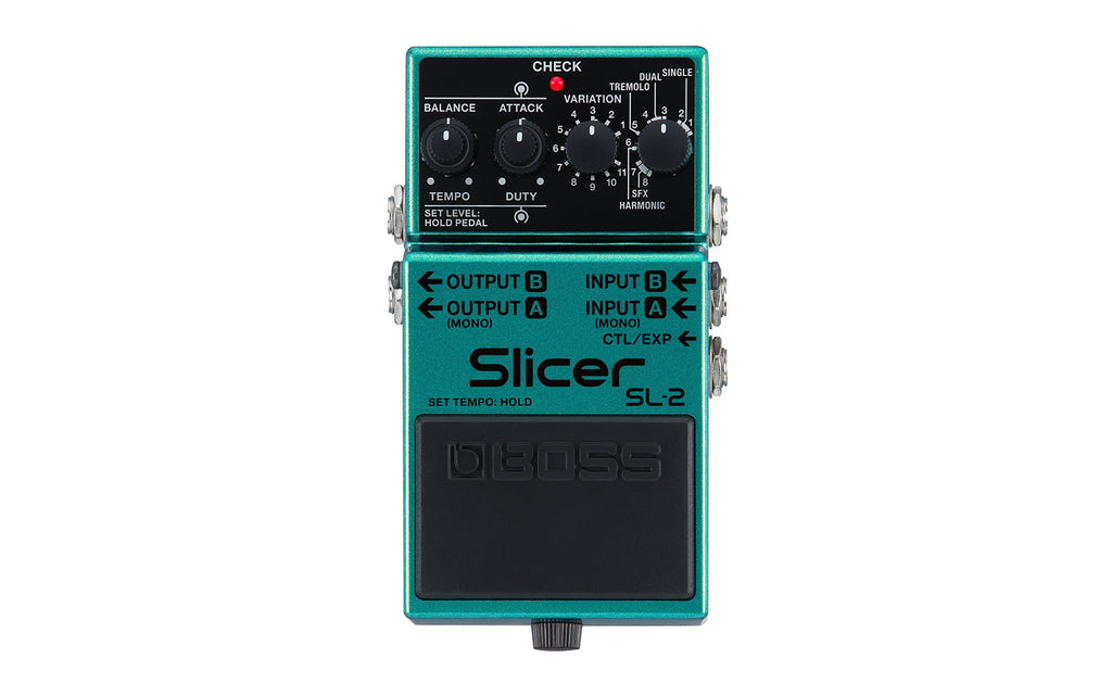 Teal Boss SL-2 Slicer guitar effects pedal with four control knobs and multiple input/output jacks.