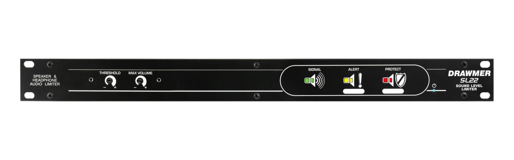 Front panel of a black Drawmer SL22 sound level limiter with control knobs and LED indicators.