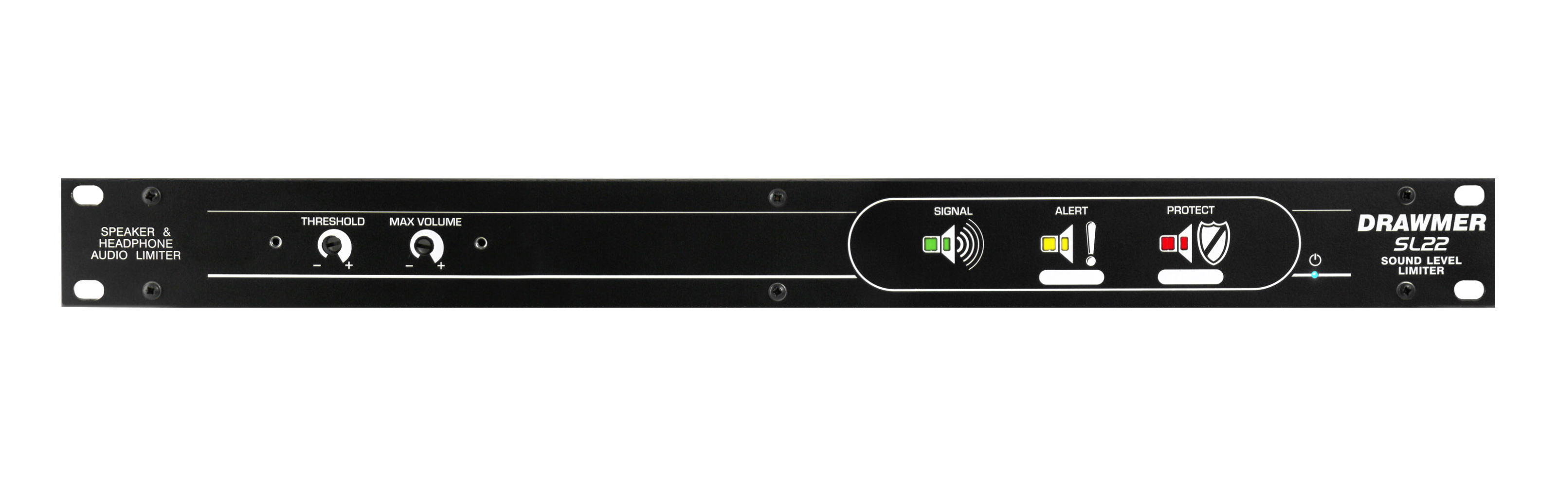Front panel of a black Drawmer SL22 sound level limiter with control knobs and LED indicators.