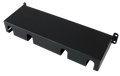 Black metal rack mount panel with multiple cutouts and mounting ears on each side