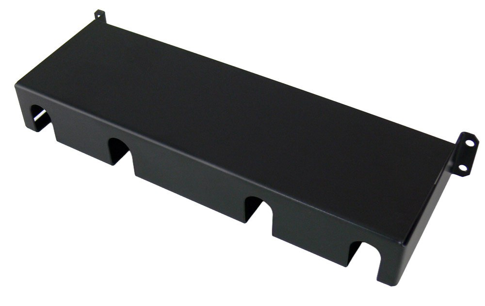 Black metal rack mount panel with multiple cutouts and mounting ears on each side