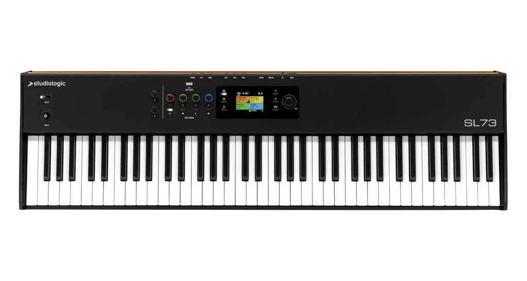 Black 73-key piano-style MIDI controller keyboard with colored knobs, joysticks, and a color display screen.