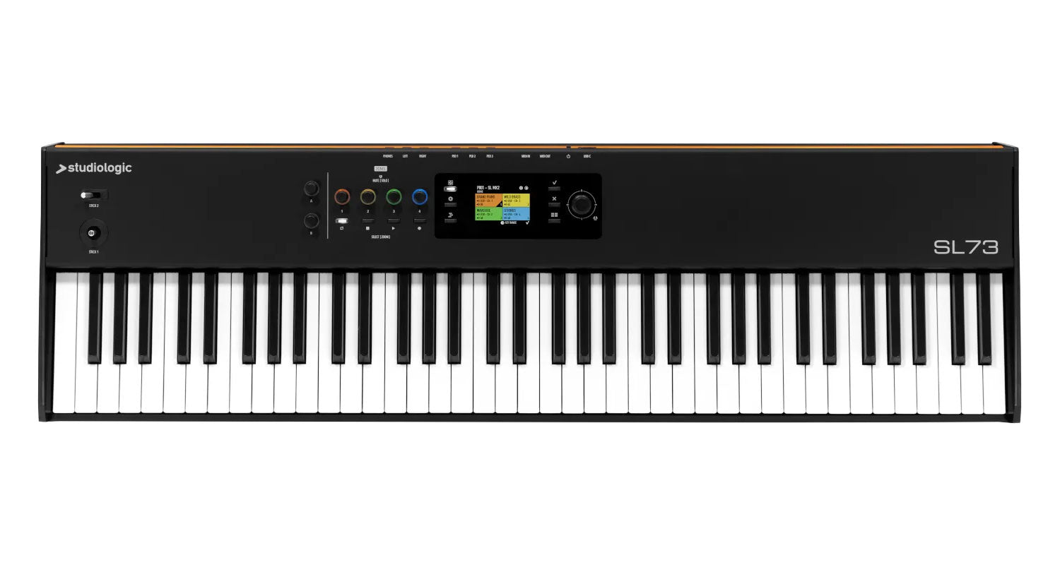 Black 73-key piano-style MIDI controller keyboard with colored knobs, joysticks, and a color display screen.