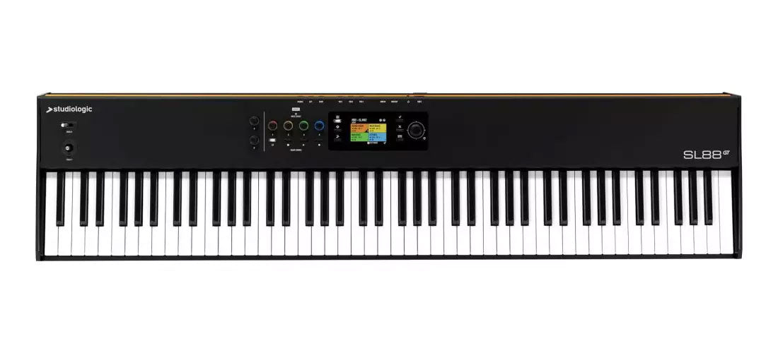 Black MIDI keyboard controller with 88 keys, multiple control buttons, a rotary knob, and a color display screen.