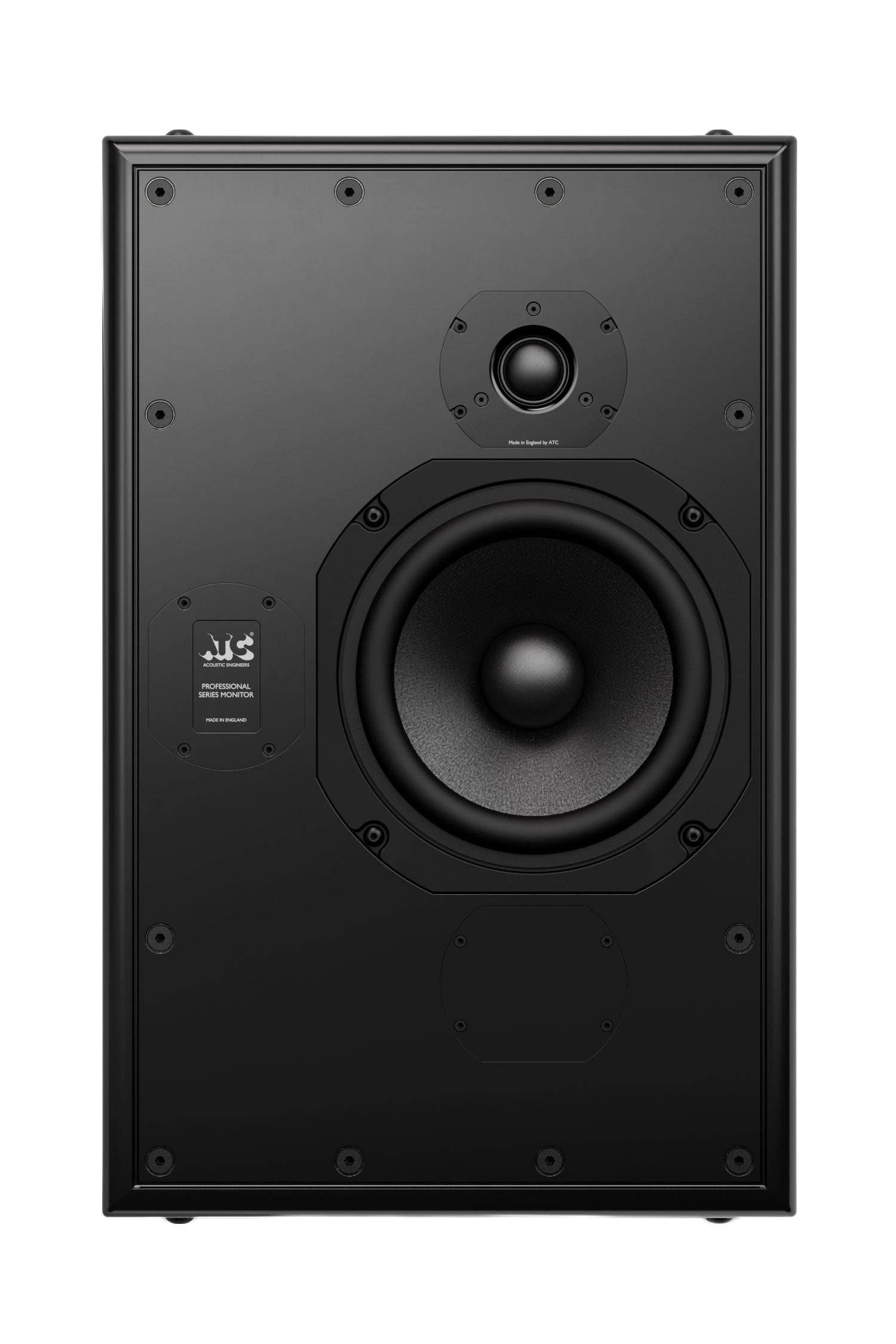 Black professional series monitor loudspeaker with a woofer and tweeter on front panel.