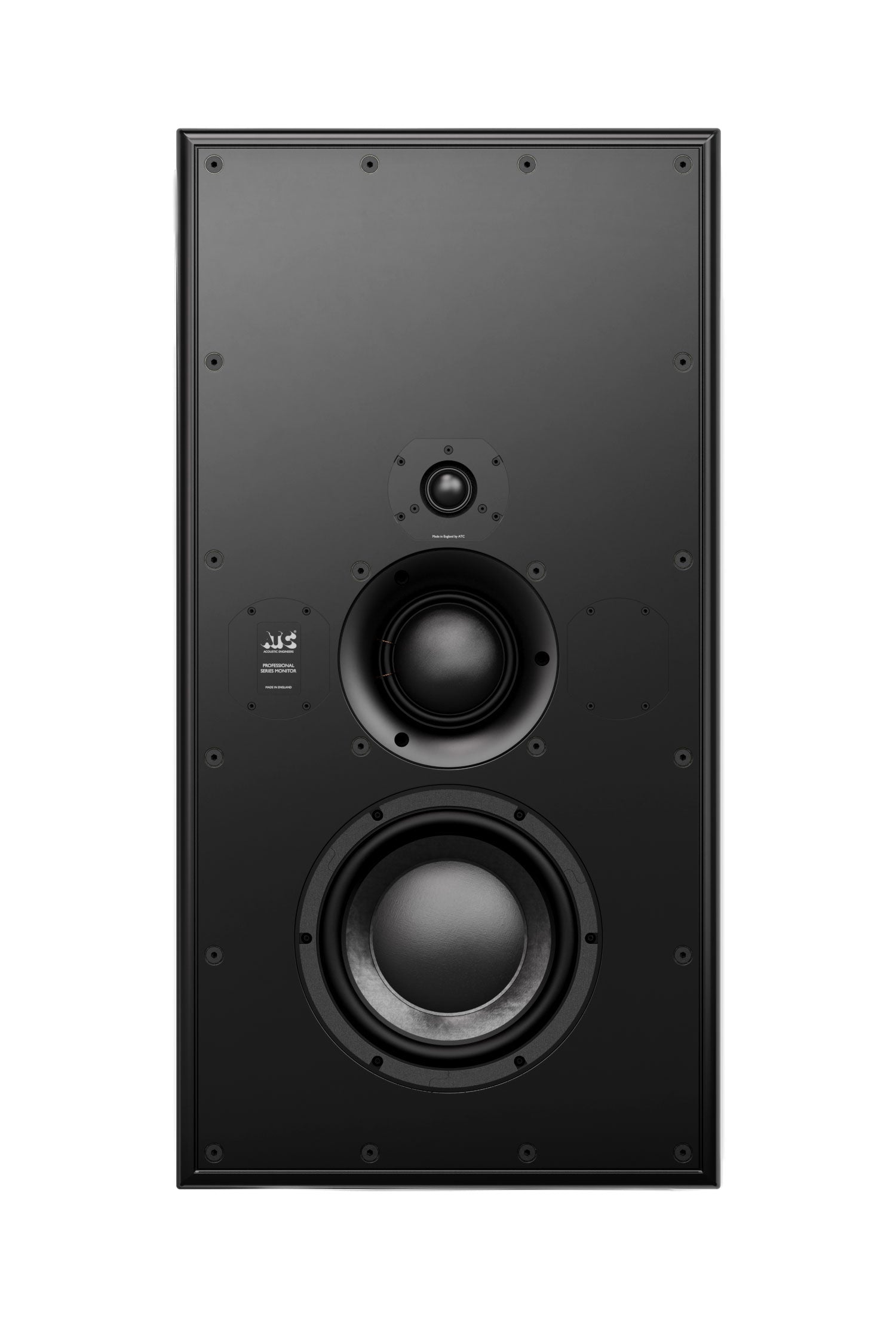 Front view of a black studio monitor speaker with three circular drivers and visible text labeling.