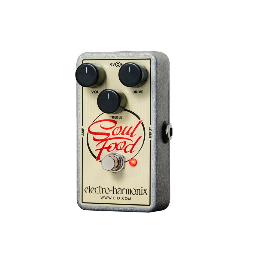 Gray Electro-Harmonix Soul Food guitar effects pedal with three knobs, footswitch, and input jack visible.