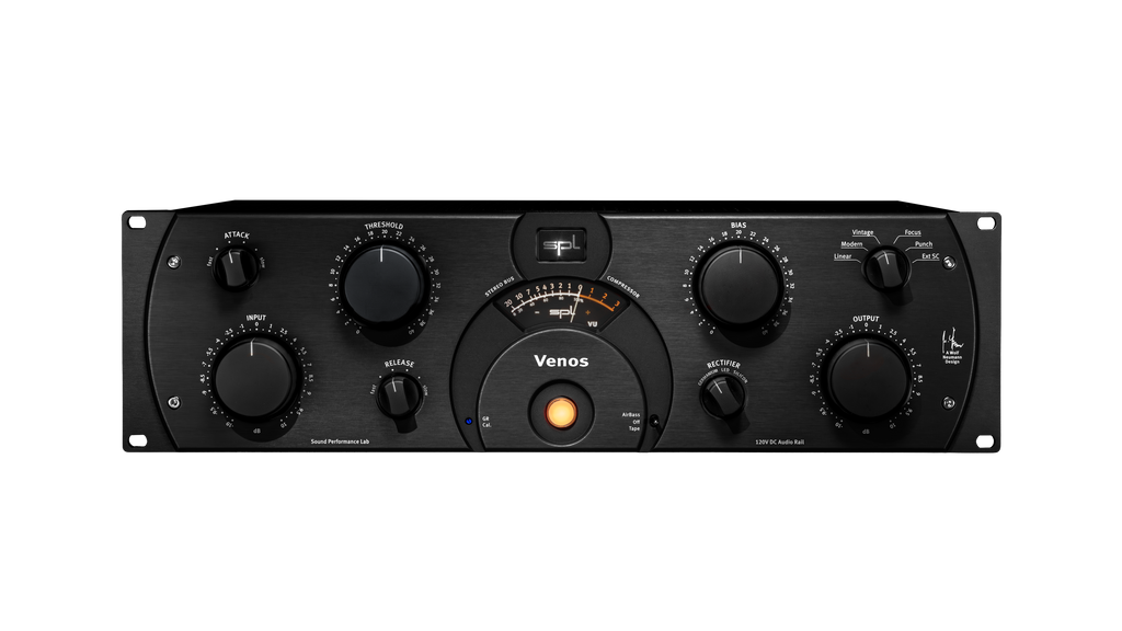 Black audio processor unit with multiple knobs, a VU meter, and illuminated button labeled Venos by SPL.