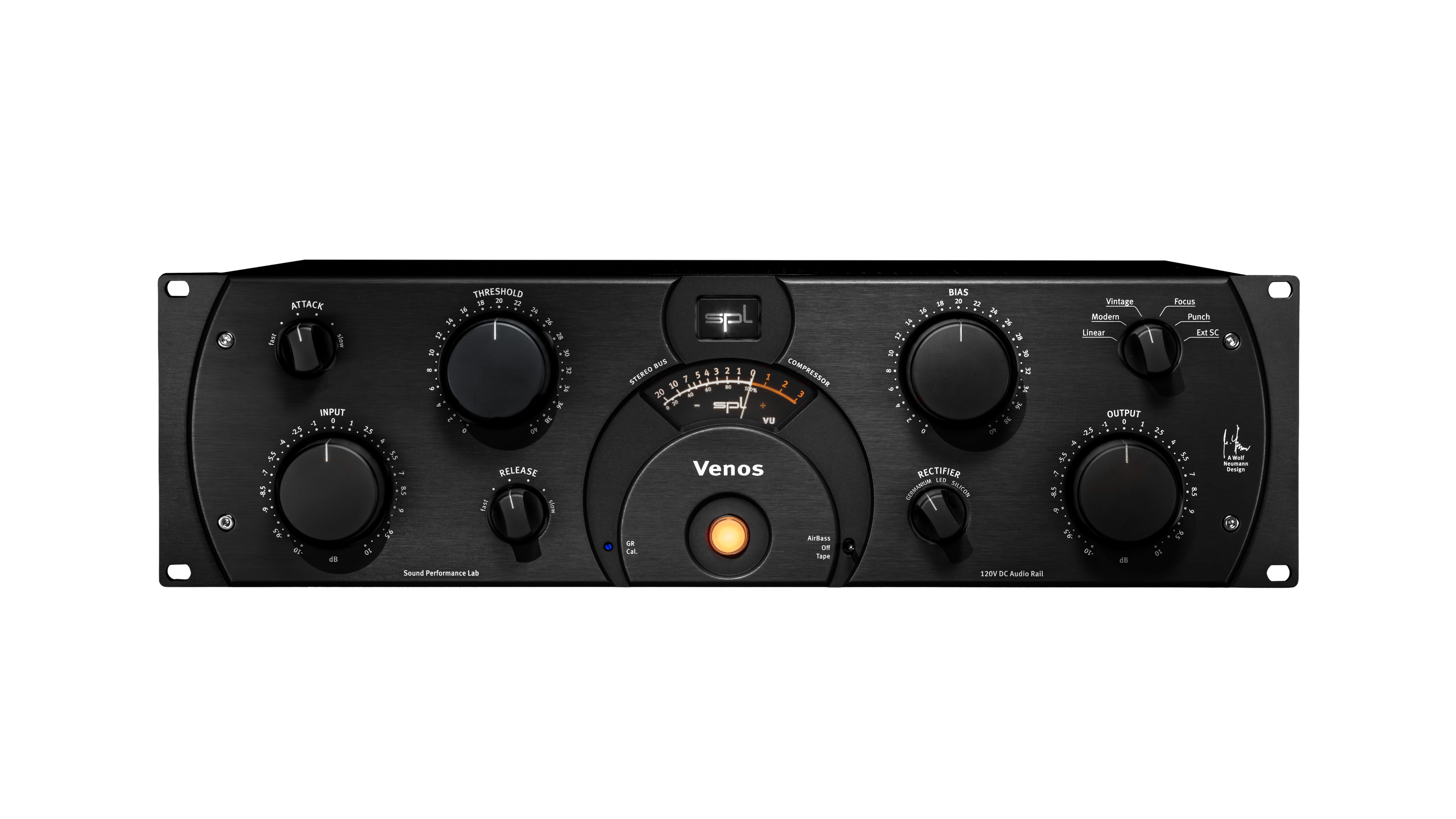 Black audio processor unit with multiple knobs, a VU meter, and illuminated button labeled Venos by SPL.