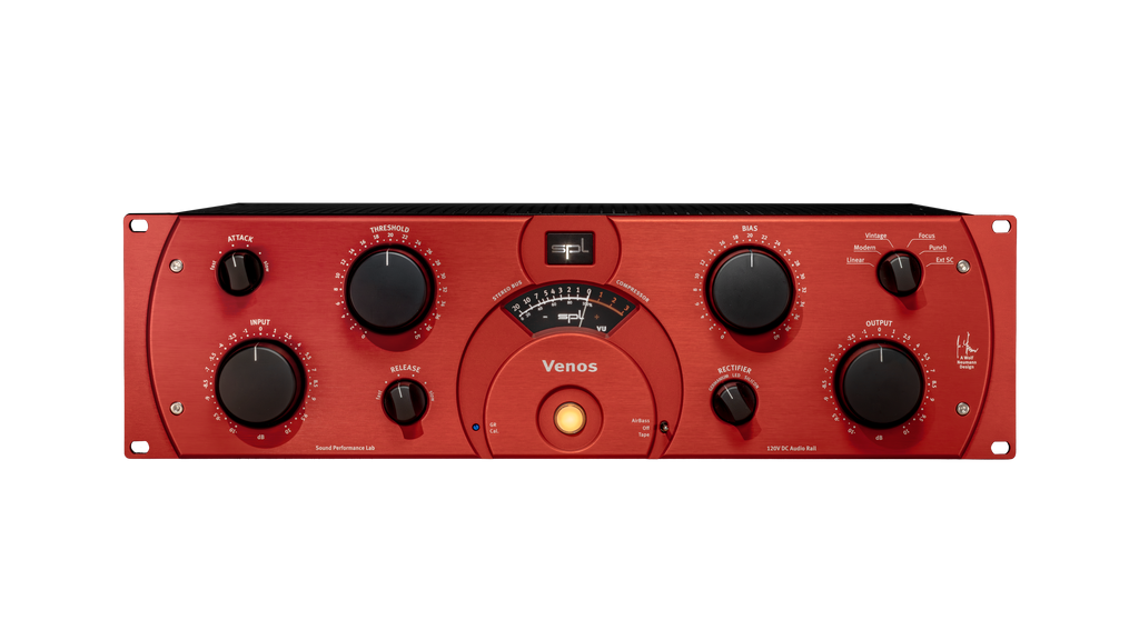 Front view of a red SPL Venos audio processor with multiple black knobs and a central VU meter.