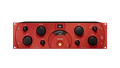 Front view of a red SPL Venos audio processor with multiple black knobs and a central VU meter.
