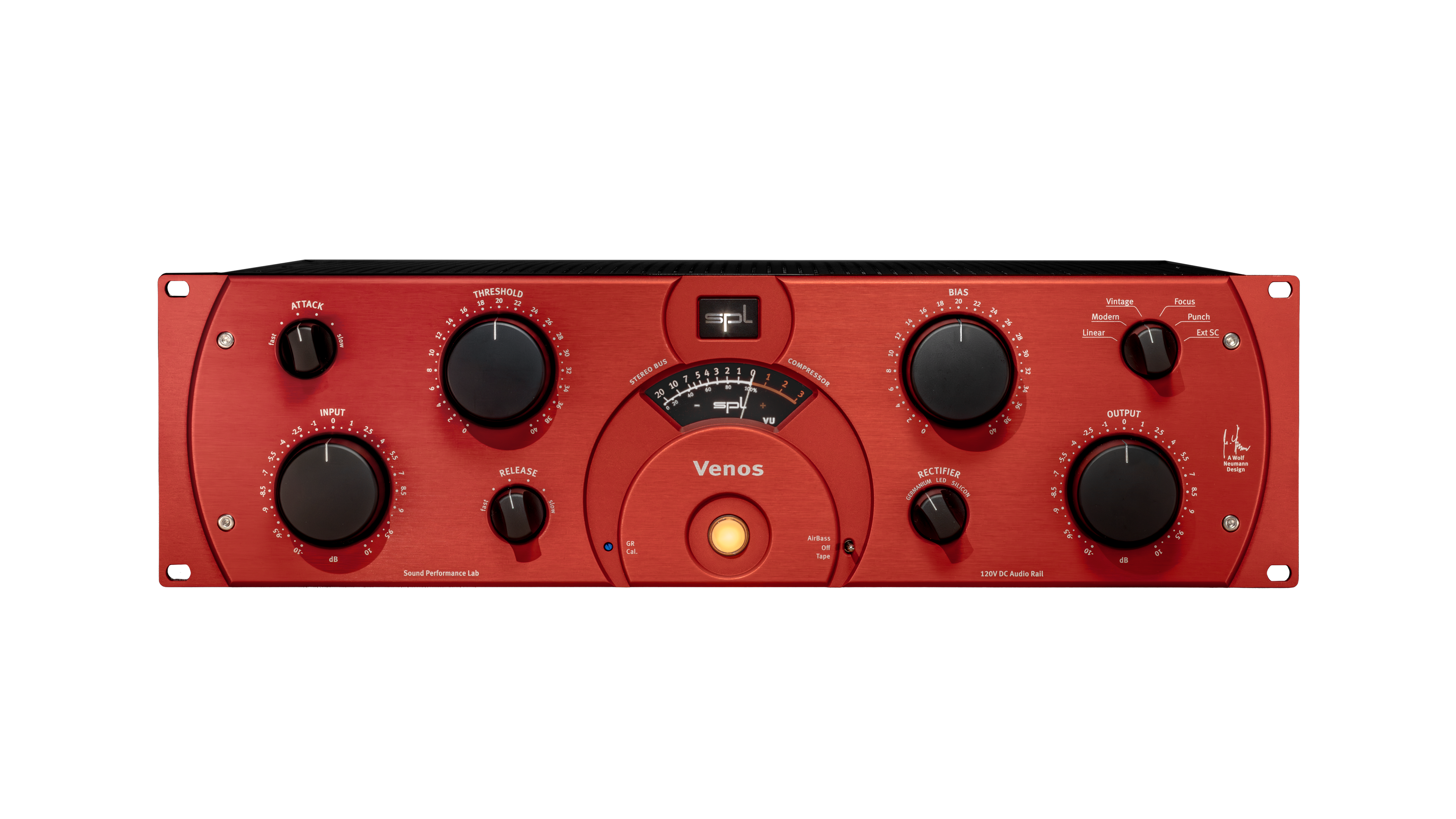 Front view of a red SPL Venos audio processor with multiple black knobs and a central VU meter.