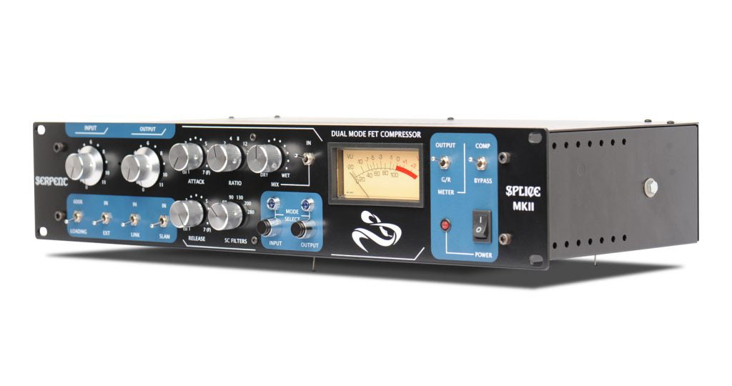 Black and blue rackmount dual mode FET compressor audio processor unit with knobs, switches, and a VU meter.