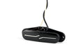Black electric guitar pickup with split blade pole piece design and two wires extending from it.