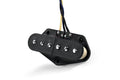 Black guitar pickup with split steel pole pieces and attached wires on a white background.