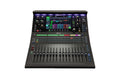 Top view of a black digital audio mixing console with faders, knobs, buttons, and a touchscreen display in use