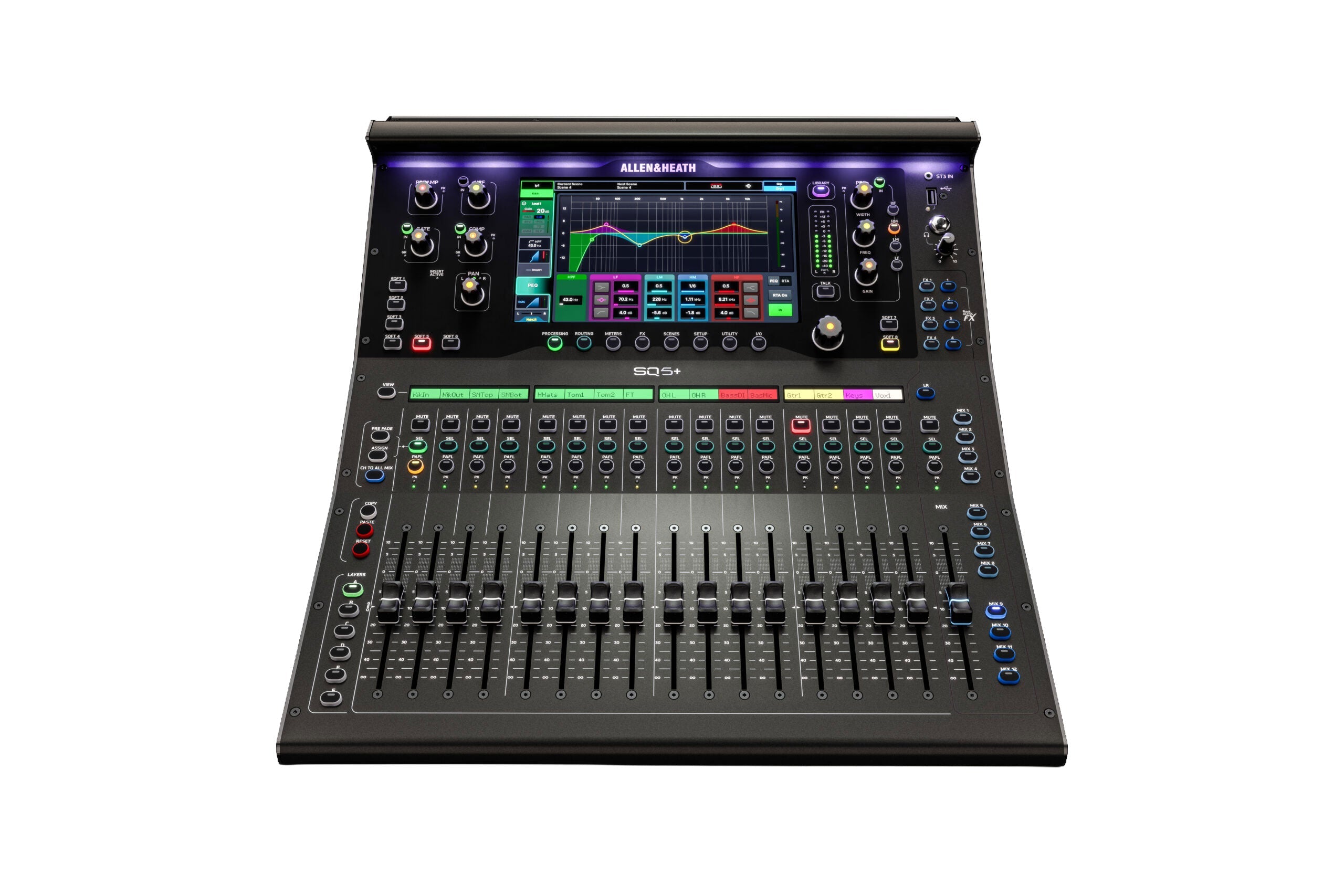 Top view of a black digital audio mixing console with faders, knobs, buttons, and a touchscreen display in use