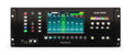 Front view of black Allen & Heath SQ-Rack mixer showing colorful touchscreen, buttons, knobs, and USB port.