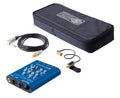 Blue audio preamp device with control knobs, cables, small microphone pickup, and black carrying pouch.