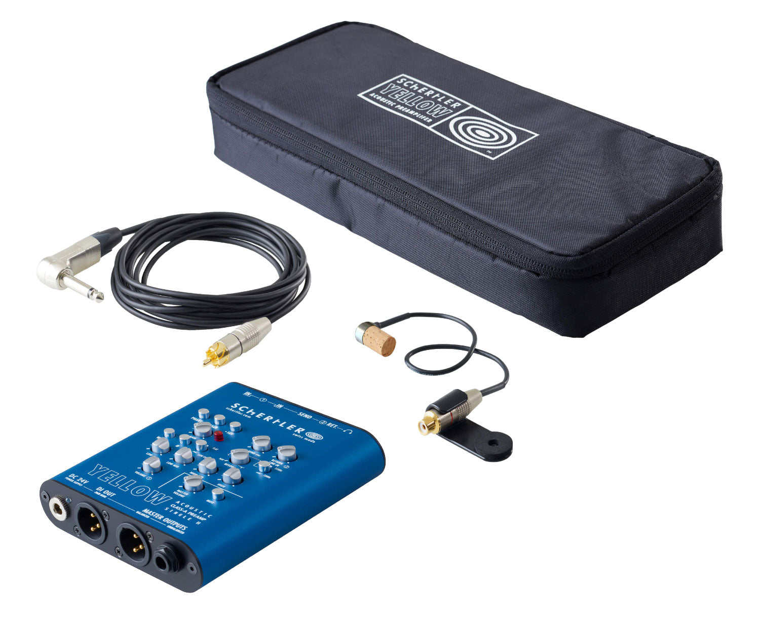Blue audio preamp device with control knobs, cables, small microphone pickup, and black carrying pouch.