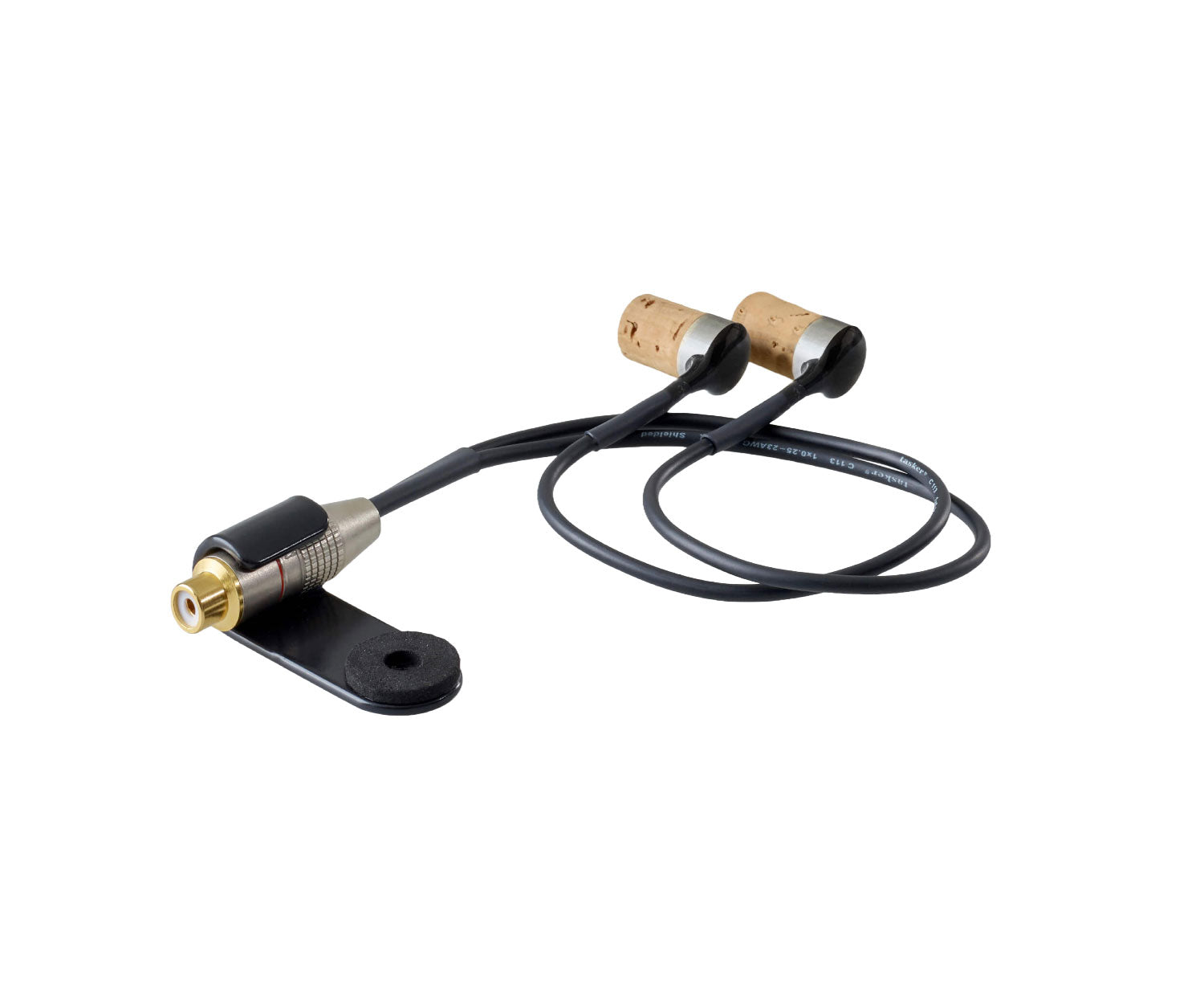 Black cable with two cork-ended sensors connected to a metal bracket with gold RCA-style connector