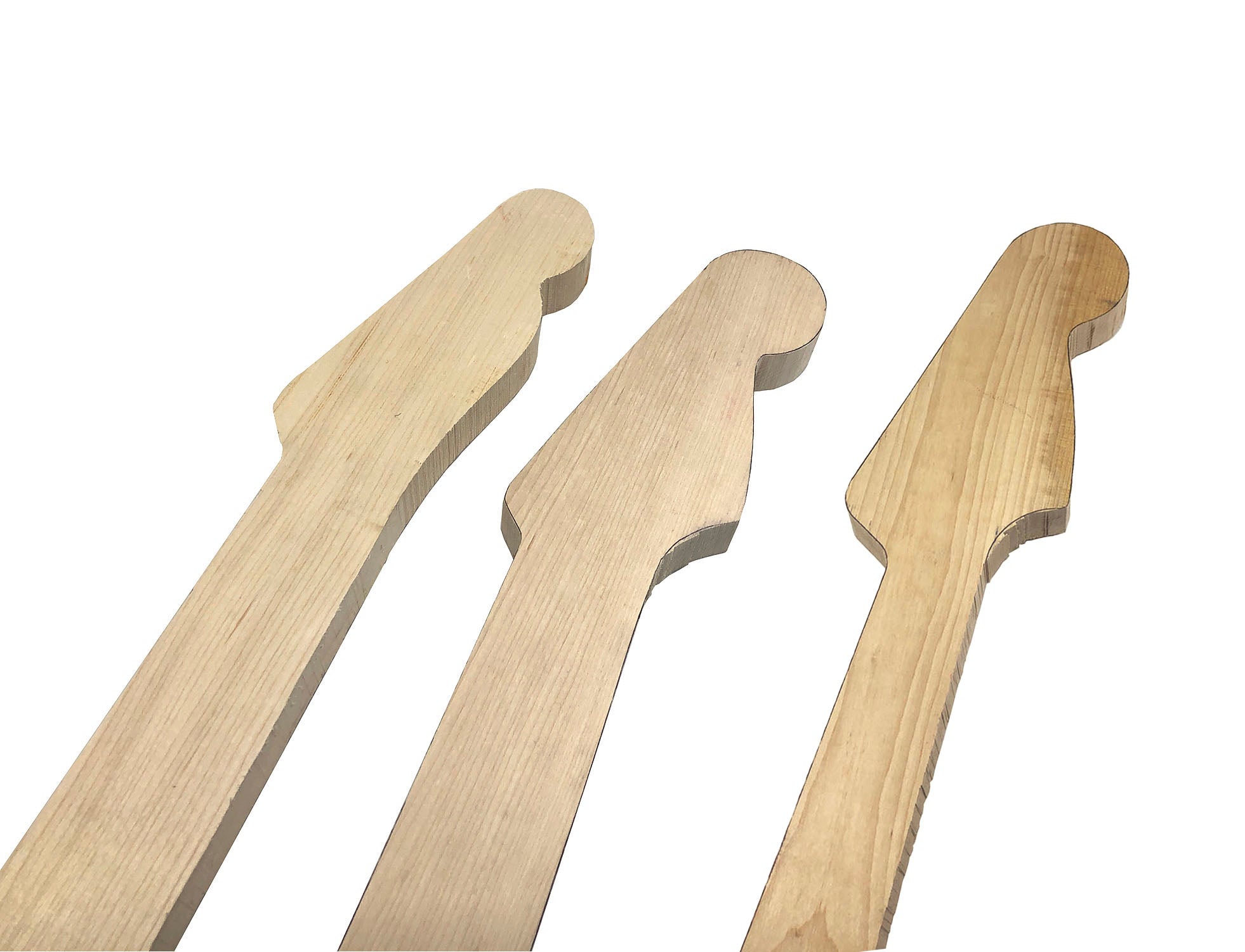 Three pre-shaped guitar neck blanks made of natural maple wood.
