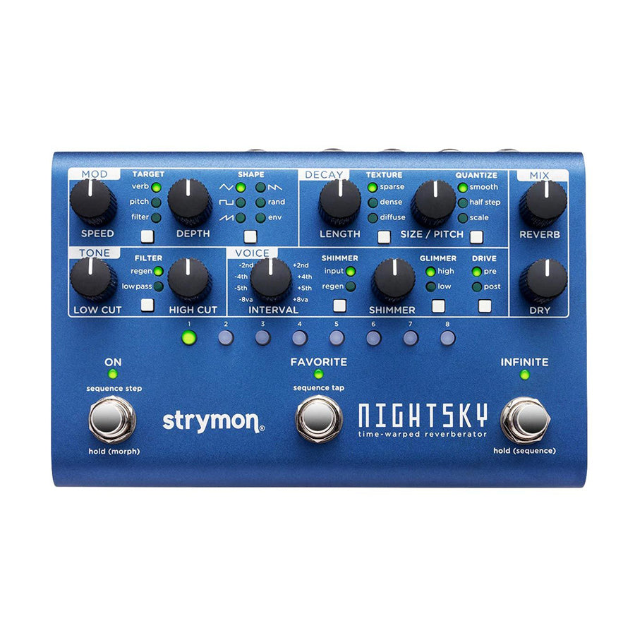 Blue Strymon NightSky reverb pedal with multiple knobs, buttons, and footswitches on a white background.