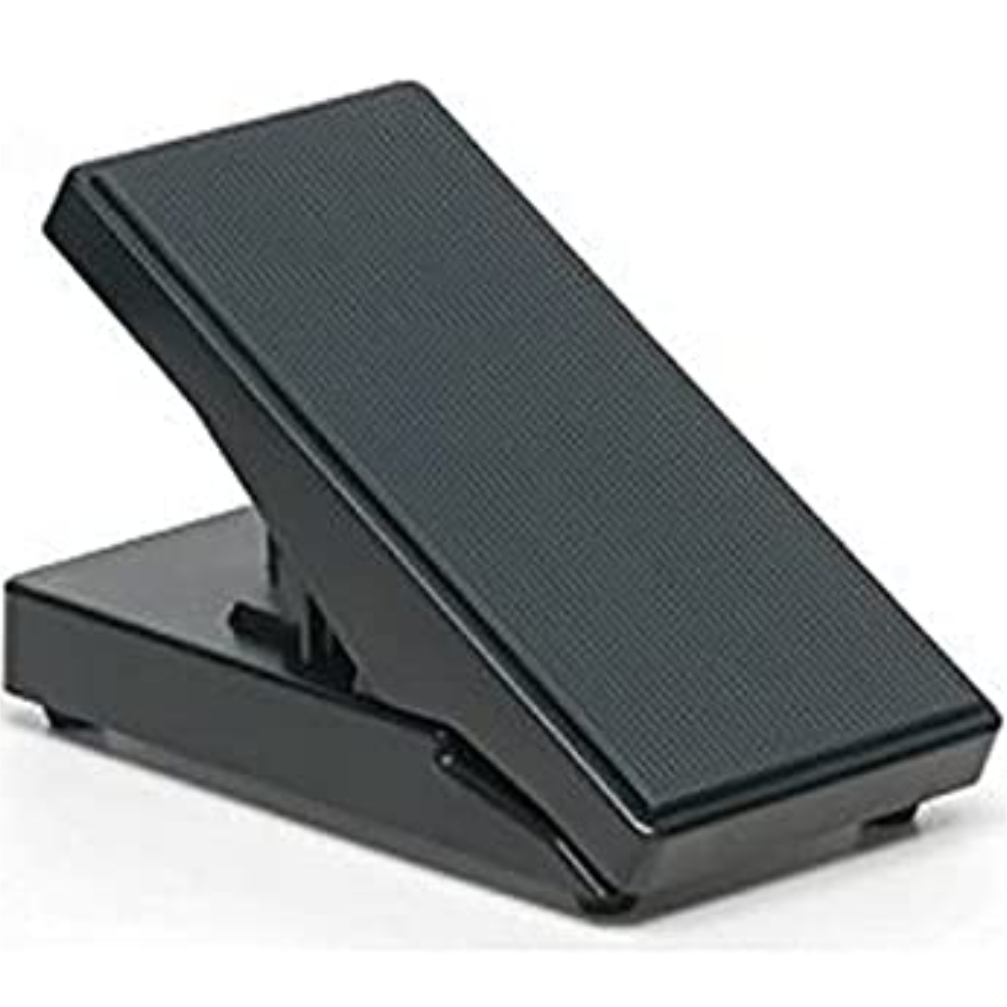 Black expression pedal viewed from an angled side perspective on a white background.