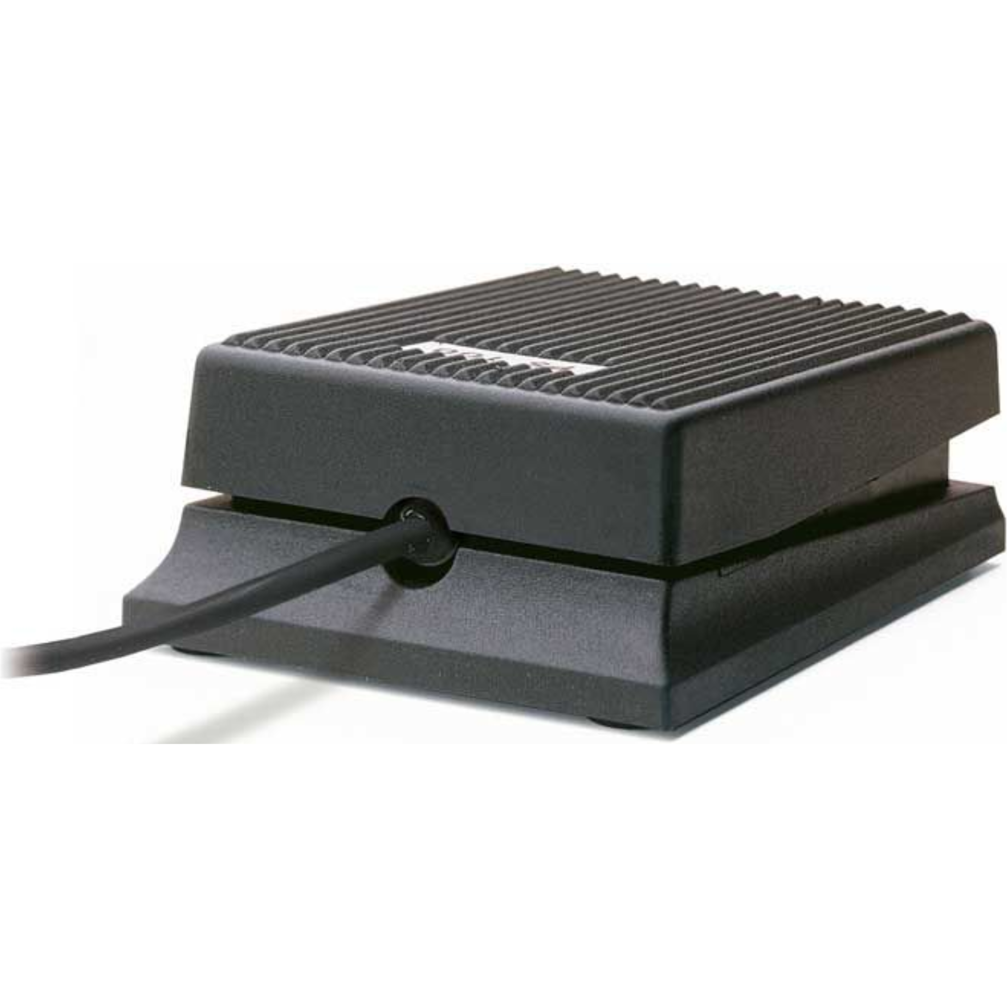 Black sustain pedal with a ridged top surface and attached cable viewed at an angle