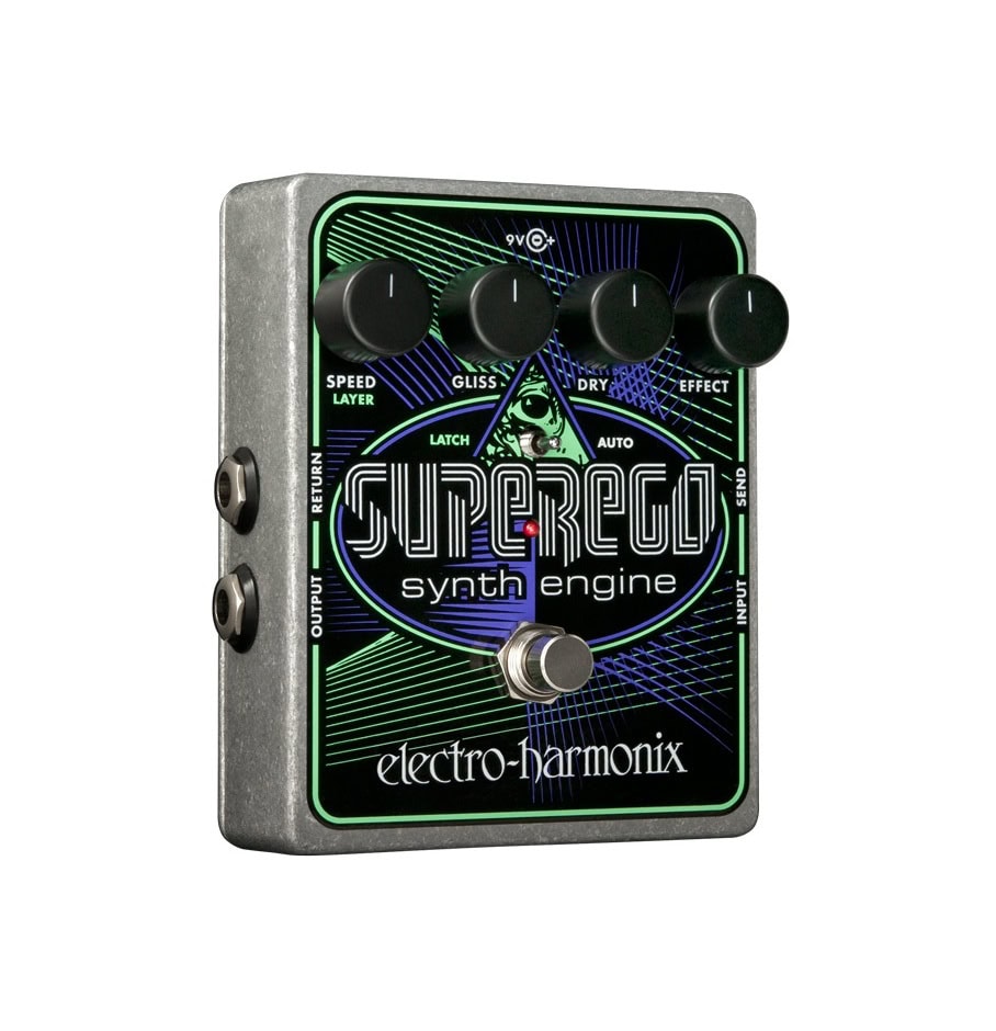 Electro-Harmonix Superego synth engine pedal with four knobs, a toggle switch, and multiple 1/4 inch jacks on a metal enclosure.