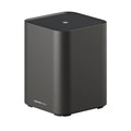 Black, compact studio monitor speaker with rounded corners and fabric-covered top grille.