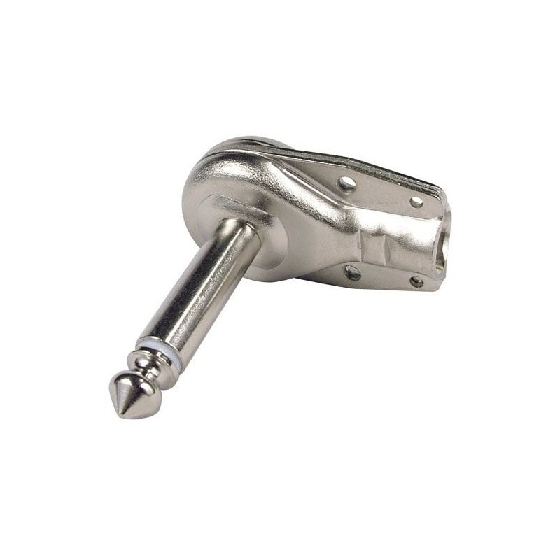 Metallic right angle 1/4 inch mono audio plug with mounting flange and screw holes.