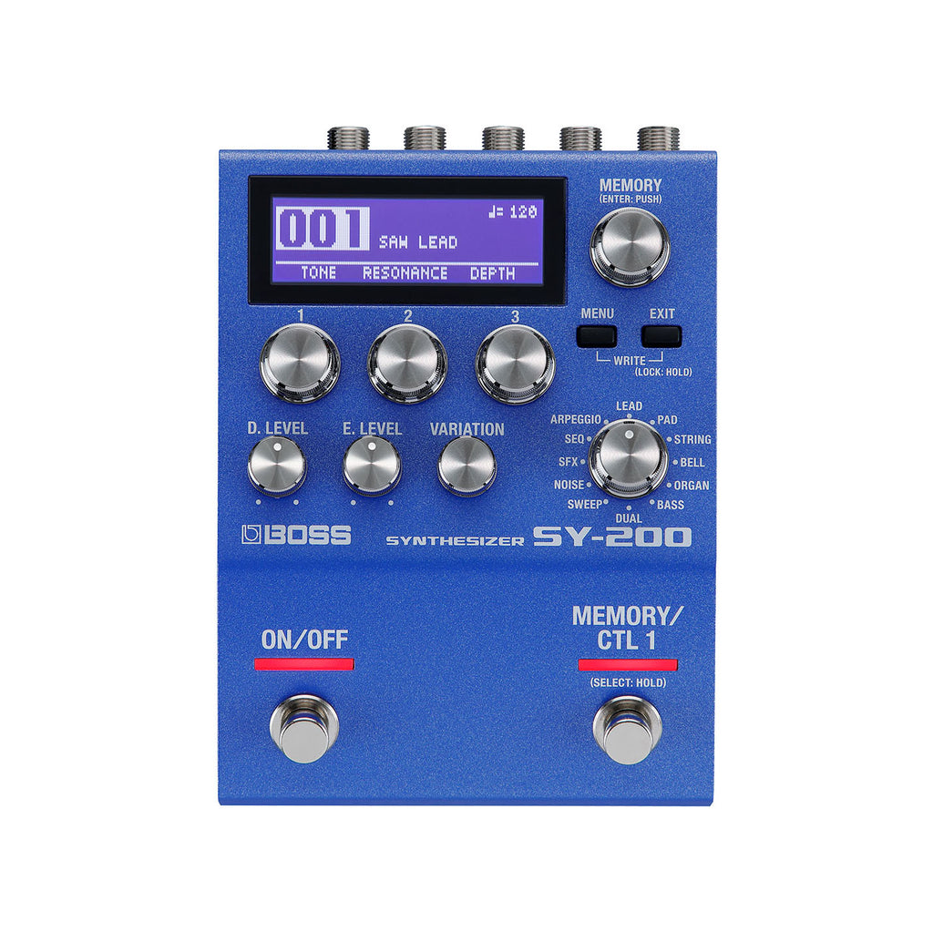 Blue Boss SY-200 synthesizer pedal with knobs, buttons, two footswitches, and a screen displaying a sound preset.
