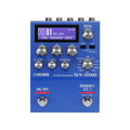 Blue Boss SY-200 synthesizer pedal with knobs, buttons, two footswitches, and a screen displaying a sound preset.
