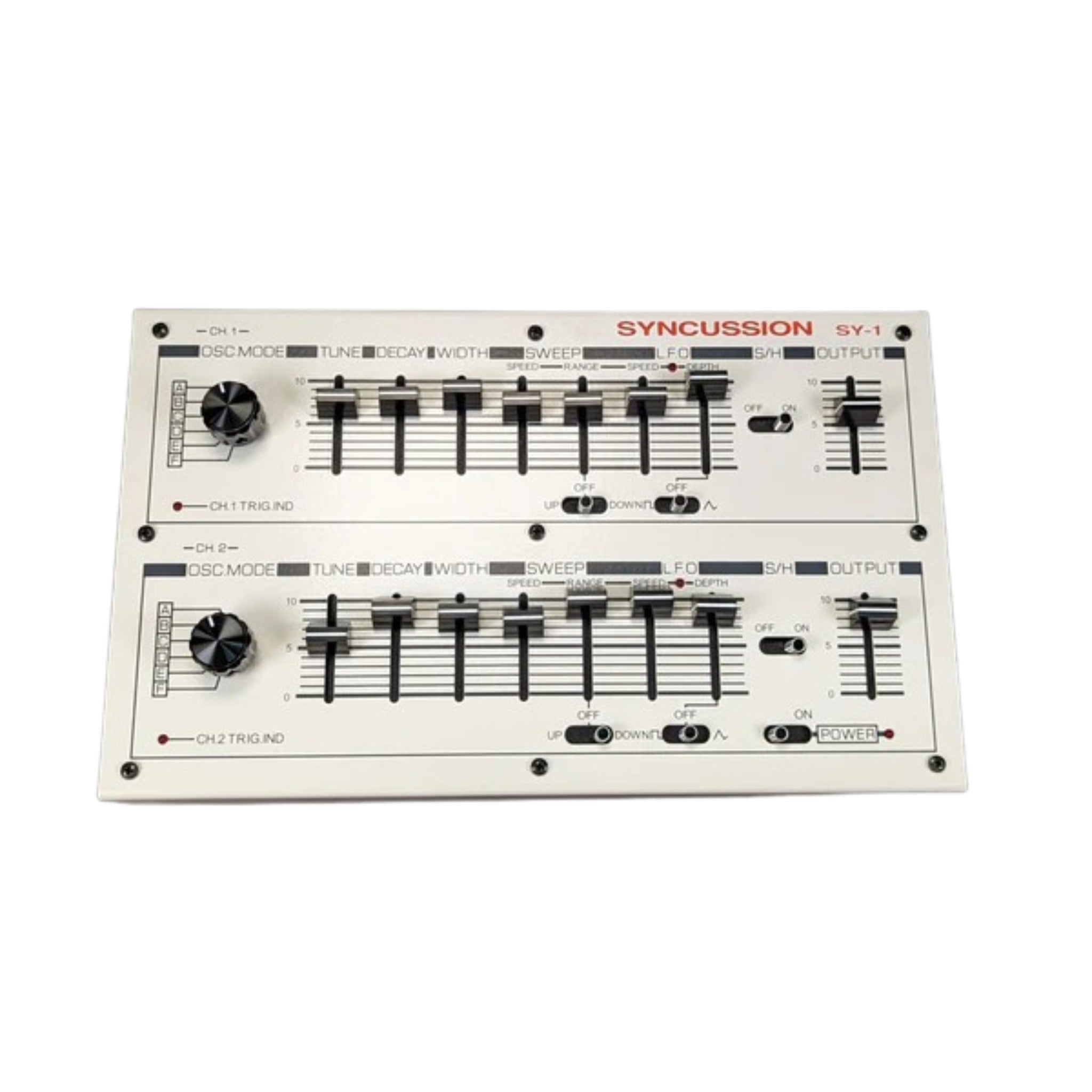 Top view of a white SY-1 drum synthesizer panel with dual control sections and various sliders, knobs, and toggle switches.