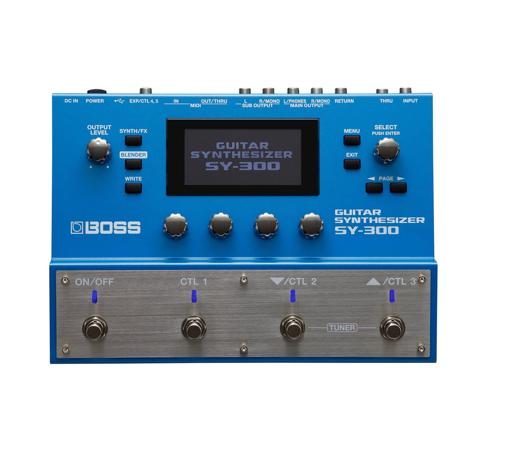 Blue Boss SY-300 guitar synthesizer pedal with knobs, buttons, foot switches, and multiple input/output jacks