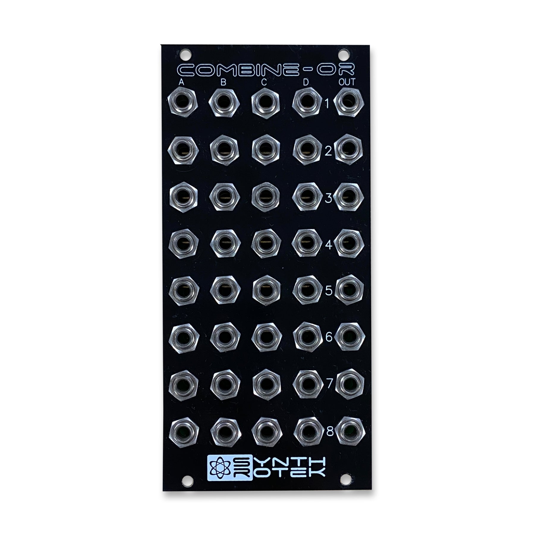 Black Synthrotek Combine-OR eurorack module with multiple 1/8 inch audio jacks arranged in rows and columns.