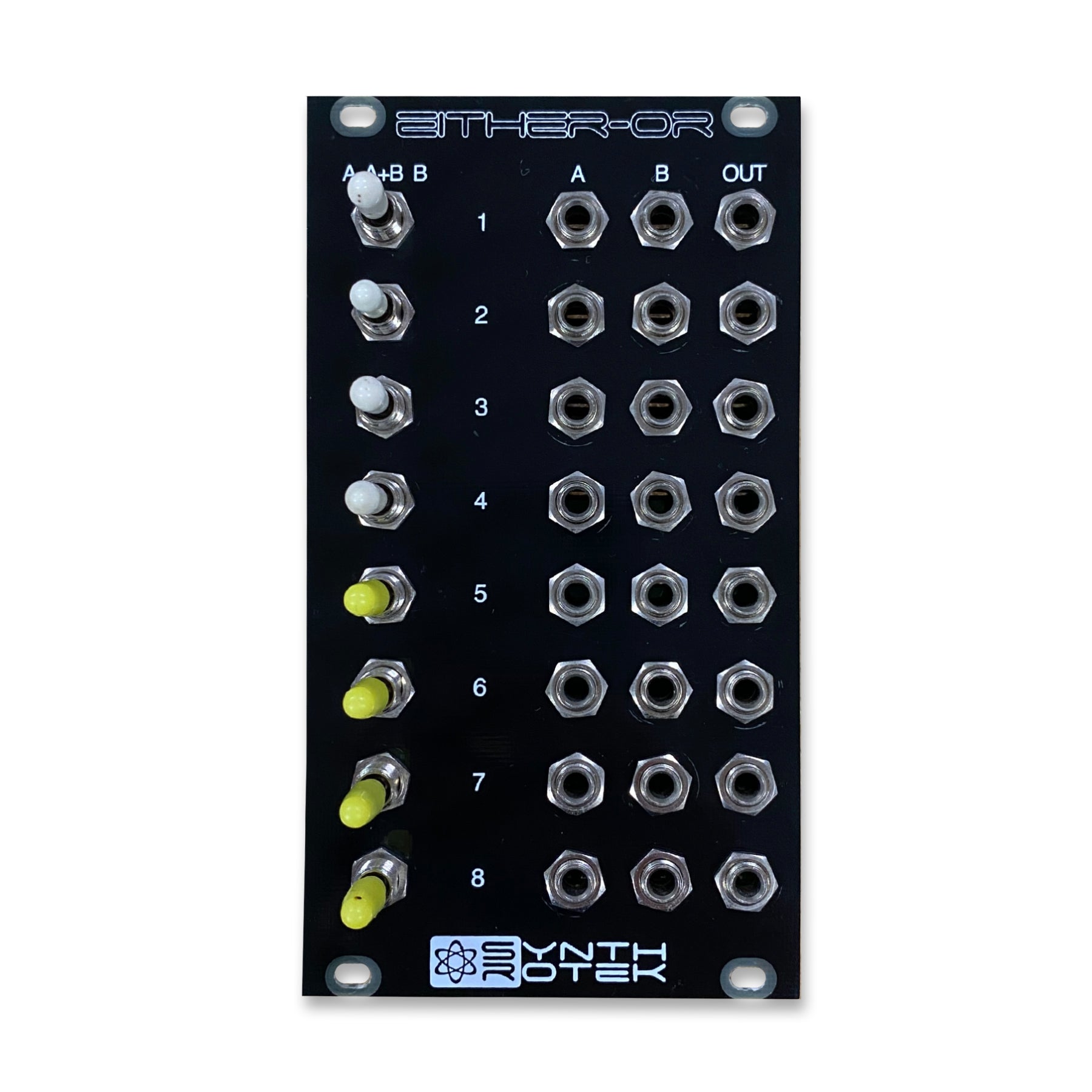 Black Synthrotek Eurorack module with eight rows of toggle switches and three 3.5mm jacks each, labeled Either-Or.