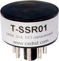 Black solid state rectifier tube replacement labeled T-SSR01 with 8-pin base and website text.
