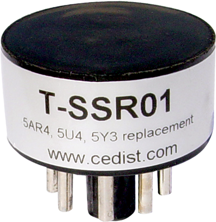 Black solid state rectifier tube replacement labeled T-SSR01 with 8-pin base and website text.