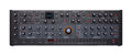 Black synthesizer module with numerous knobs, buttons, switches, and a blue digital display screen on top panel.