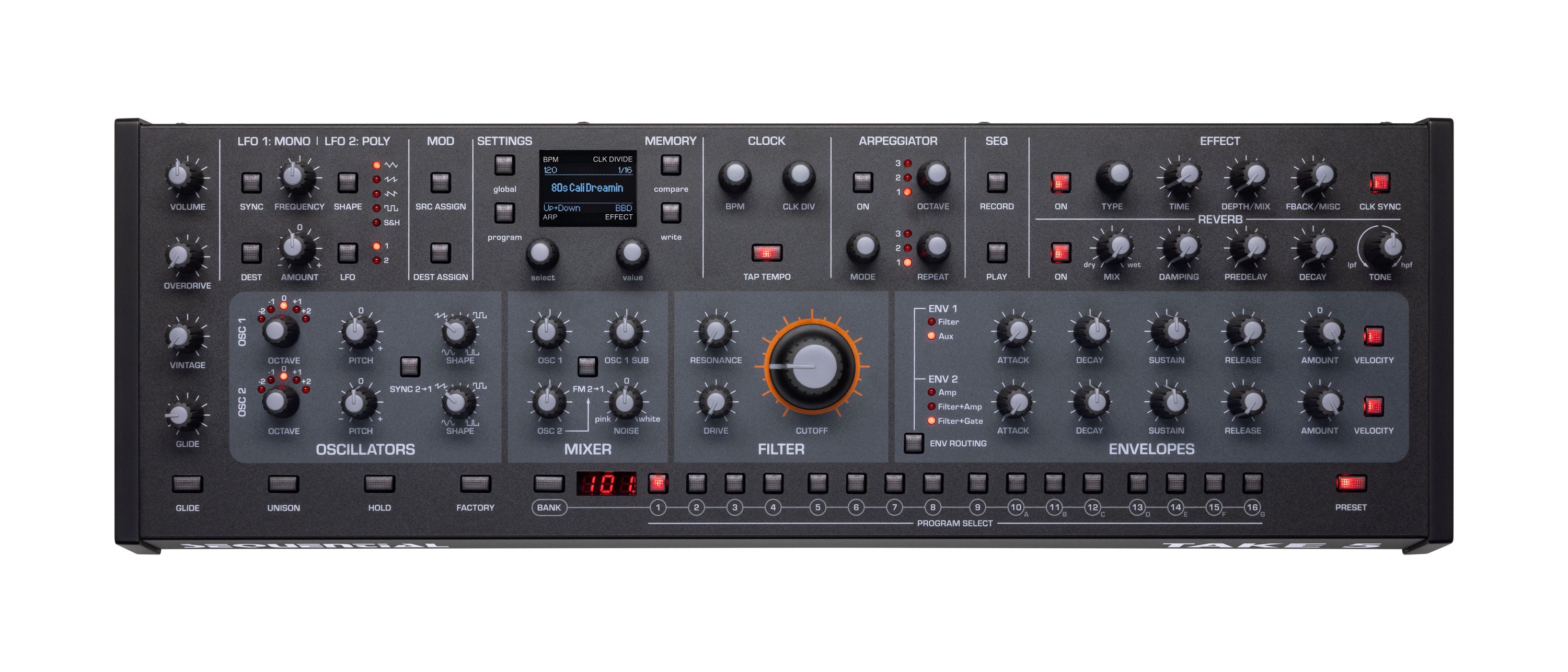 Black synthesizer module with numerous knobs, buttons, switches, and a blue digital display screen on top panel.