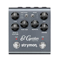 Gray guitar effects pedal with six knobs, two toggle switches, two footswitches, and red LED indicators.