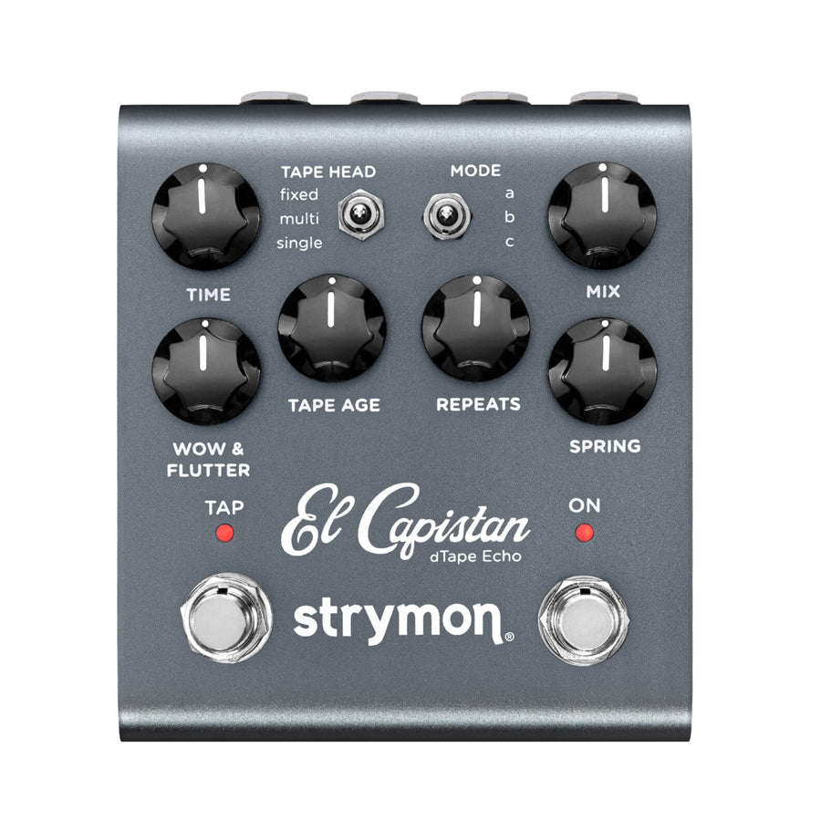 Gray guitar effects pedal with six knobs, two toggle switches, two footswitches, and red LED indicators.