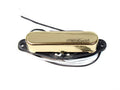 Gold-colored guitar neck pickup with Wilkinson logo and attached wire leads on a white background.