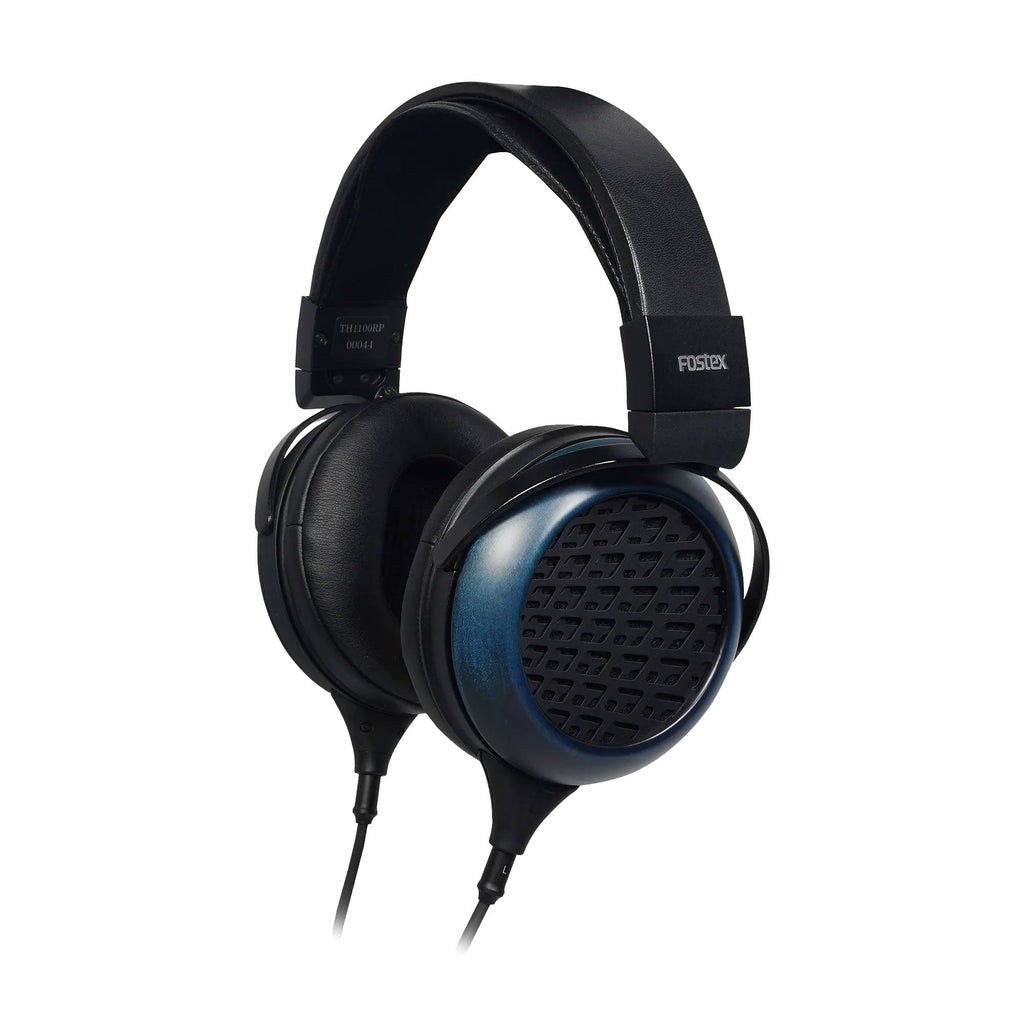Black and blue over-ear wired headphones with padded headband and ear cups, showing Fostex branding.